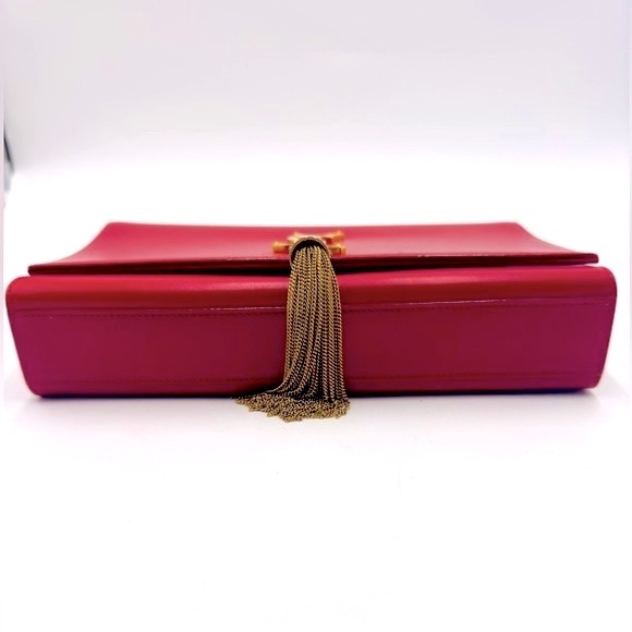 Auth Saint Laurent Red Leather Pompom Kate Clutch Pouchette Tassel Preloved Ex++ - Picture 8 of 16